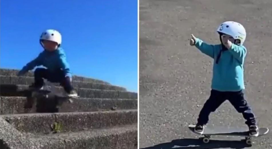 Kid successfully skateboards over flight of stairs after failed attempts inspiring video