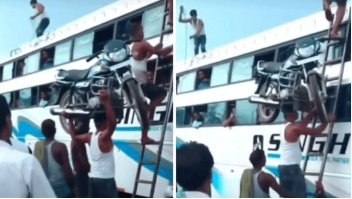 Man climbs ladder with a bike on his head viral video