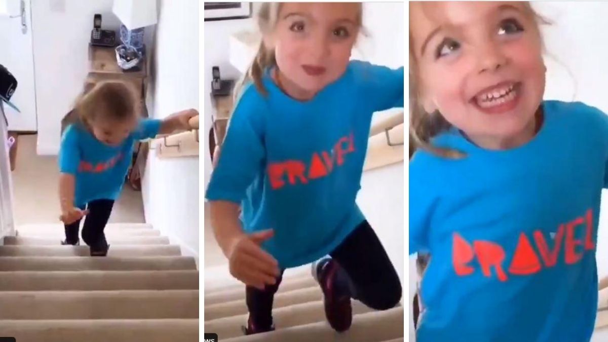Little girl with cerebral palsy is walking up the stairs by herself viral video