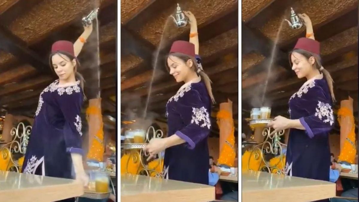 woman pours tea like an artist viral video