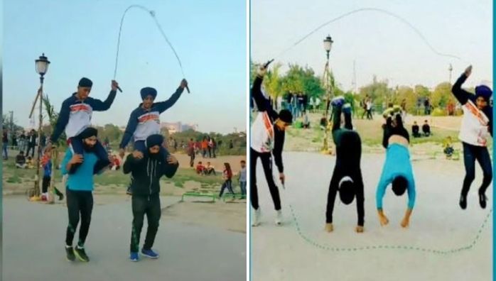 Four boys perform incredible stunts with skipping ropes