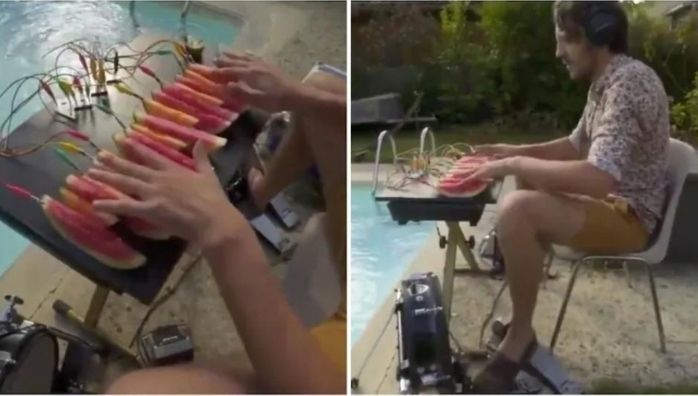 Viral video of man making electronic music with melons and kiwi