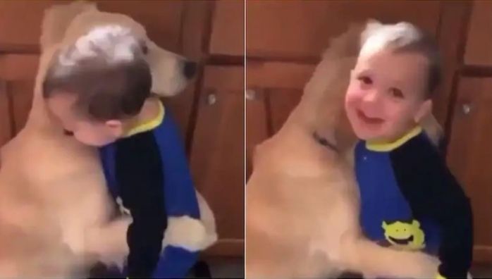 Baby hugs pet dog with love, video goes viral