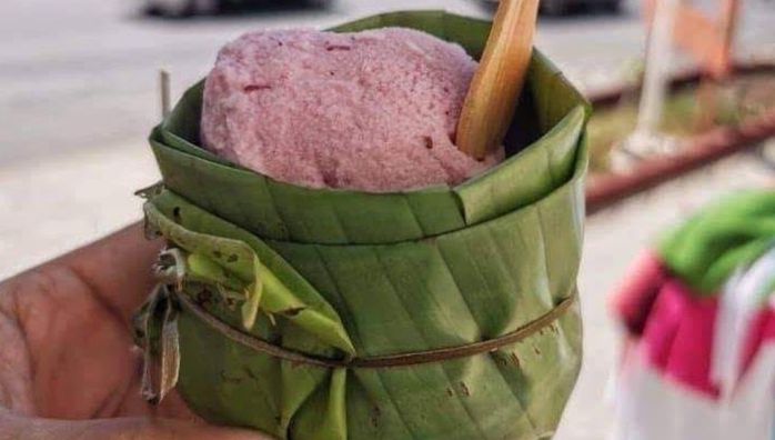 Pic of ice cream served in banana leaf cup