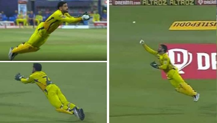 IPL 2020 MS Dhoni dives to take spectacular catch