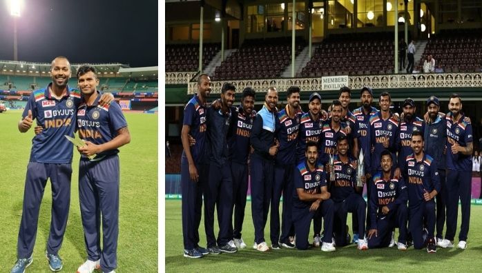 Hardik Pandya gives away his Man of the Series trophy to T Natarajan