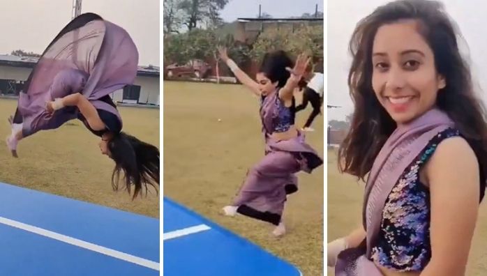 Gymnast does flips in a saree