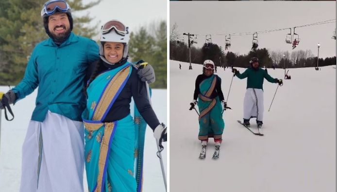 Couple skiing in saree and dhoti viral video