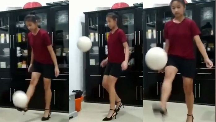 Mizoram girl juggles ball with feet while wearing heels