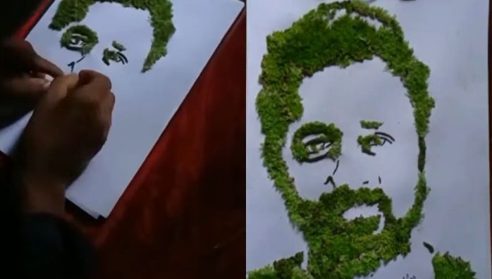 Portrait of Asif Ali painted with moss