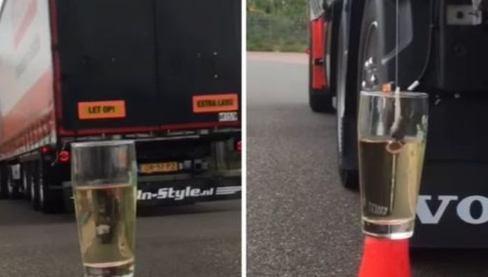 Driver uses his truck to dunk teabag in glass