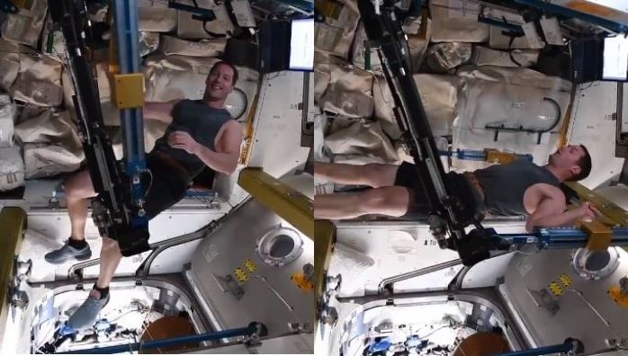 French astronaut works out in International Space Station