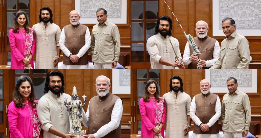 Ram Charan presents a bow to Prime Minister Narendra Modi.